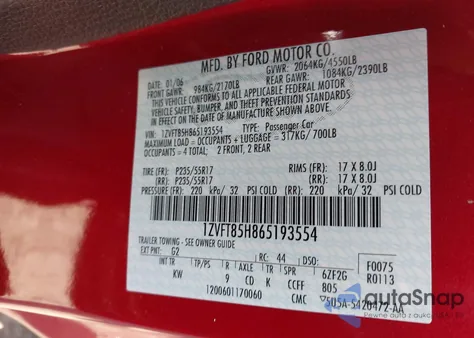 2006 Ford Mustang Gt из США, поврежденный, VIN 1ZVFT85H865193554